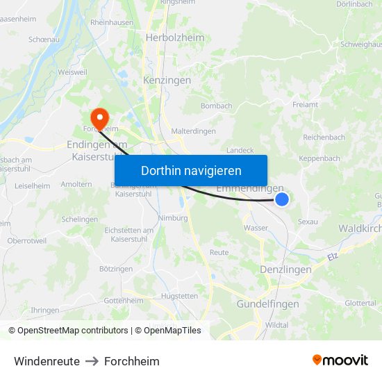 Windenreute to Forchheim map