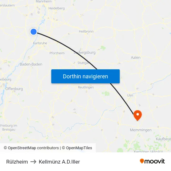 Rülzheim to Kellmünz A.D.Iller map
