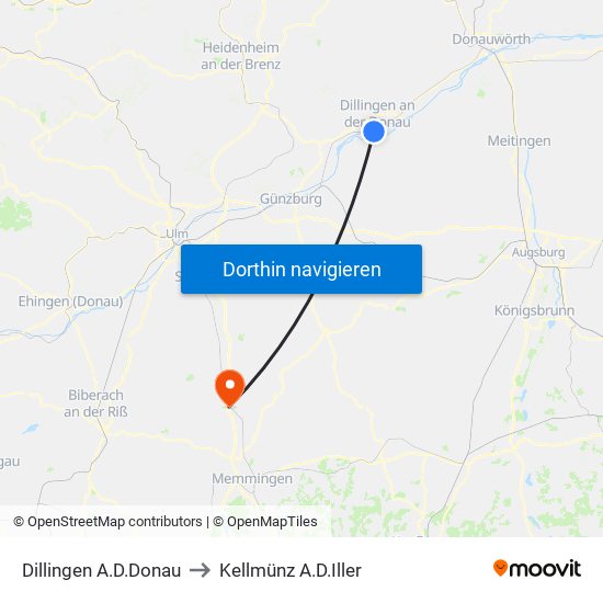 Dillingen A.D.Donau to Kellmünz A.D.Iller map