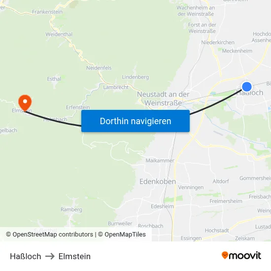 Haßloch to Elmstein map