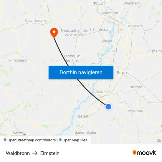 Waldbronn to Elmstein map