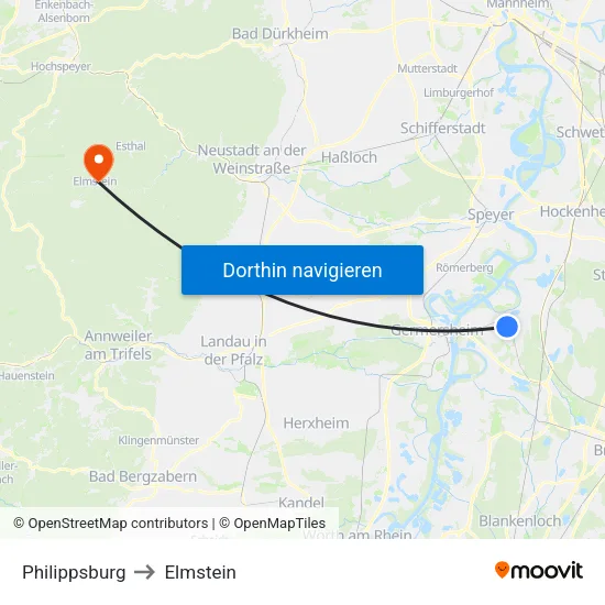 Philippsburg to Elmstein map