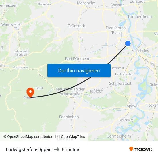 Ludwigshafen-Oppau to Elmstein map