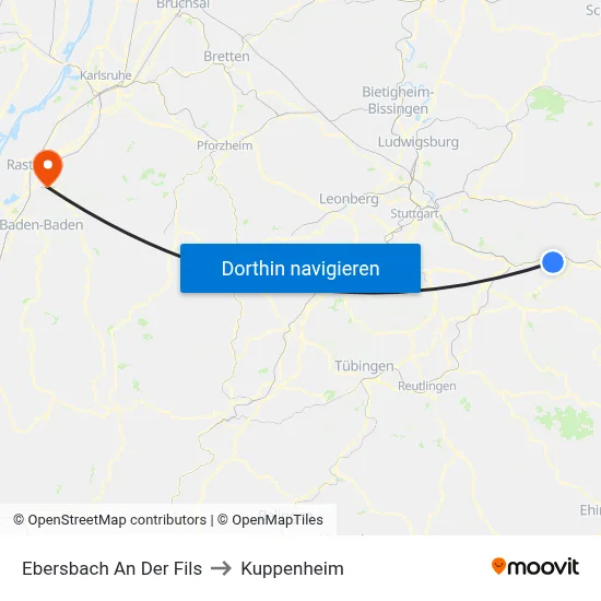 Ebersbach An Der Fils to Kuppenheim map