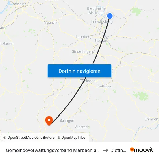 Gemeindeverwaltungsverband Marbach am Neckar to Dietingen map