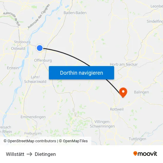 Willstätt to Dietingen map