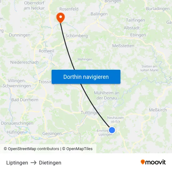 Liptingen to Dietingen map