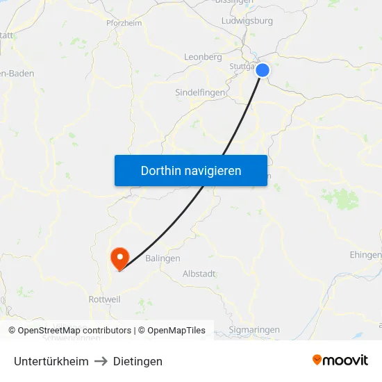 Untertürkheim to Dietingen map
