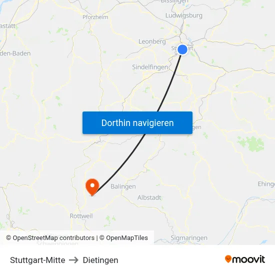 Stuttgart-Mitte to Dietingen map