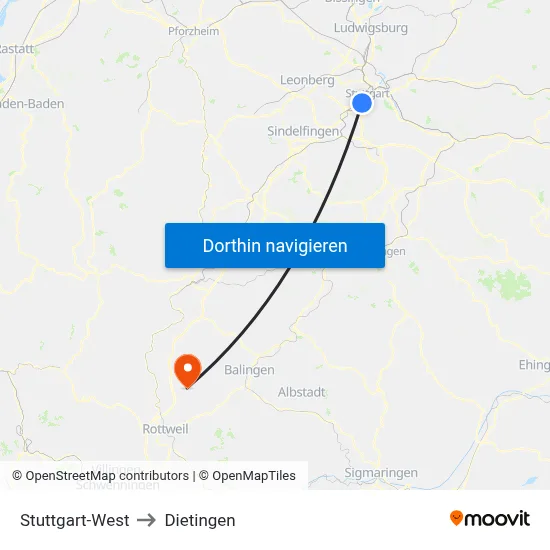 Stuttgart-West to Dietingen map