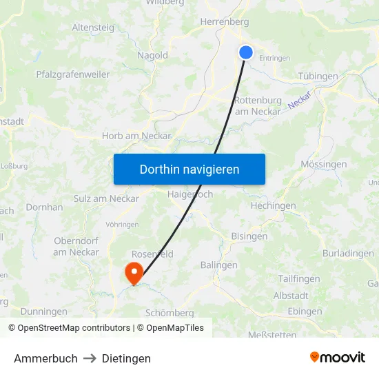 Ammerbuch to Dietingen map