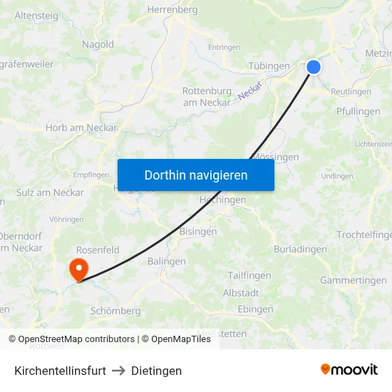 Kirchentellinsfurt to Dietingen map