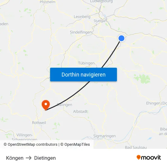 Köngen to Dietingen map