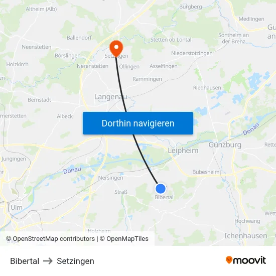 Bibertal to Setzingen map