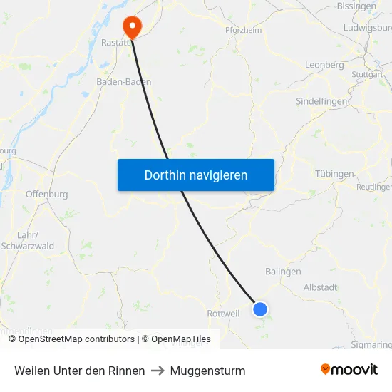 Weilen Unter den Rinnen to Muggensturm map