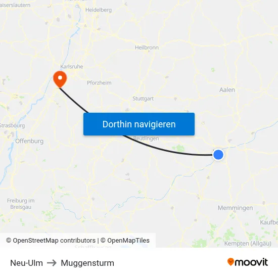 Neu-Ulm to Muggensturm map