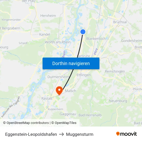 Eggenstein-Leopoldshafen to Muggensturm map