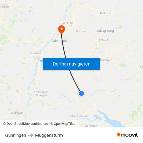 Gunningen to Muggensturm map