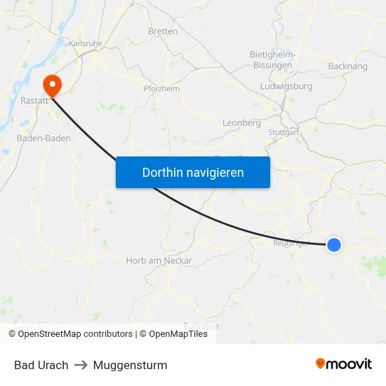 Bad Urach to Muggensturm map