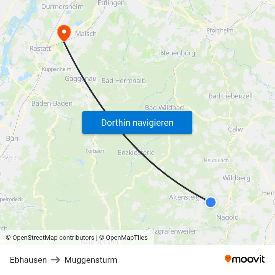 Ebhausen to Muggensturm map