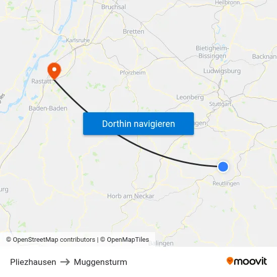 Pliezhausen to Muggensturm map