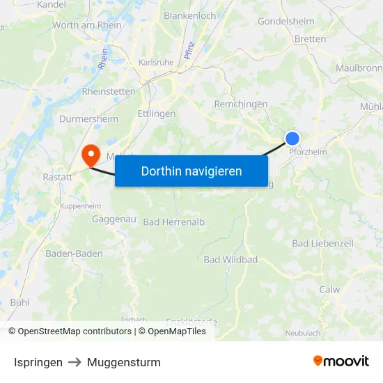 Ispringen to Muggensturm map