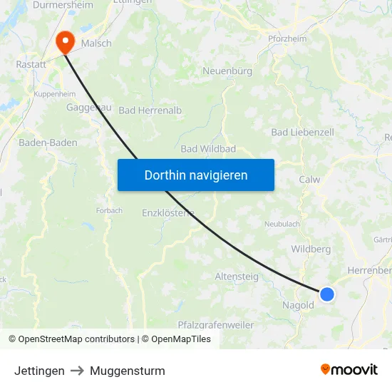 Jettingen to Muggensturm map