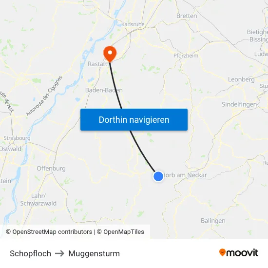 Schopfloch to Muggensturm map