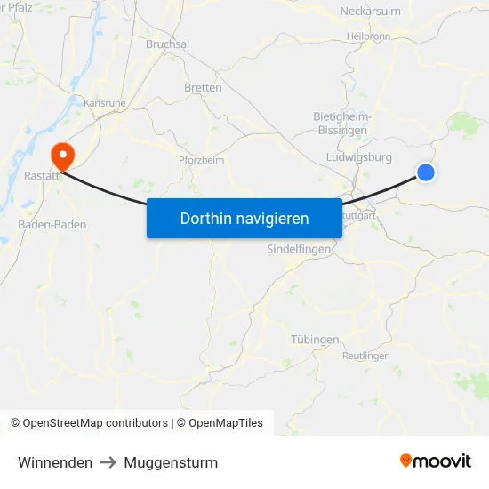 Winnenden to Muggensturm map