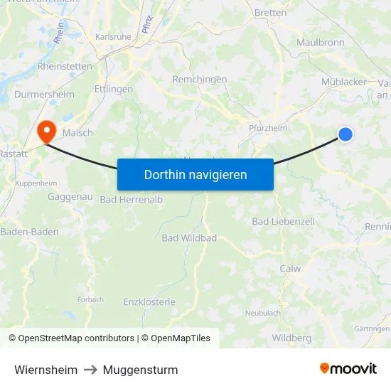 Wiernsheim to Muggensturm map