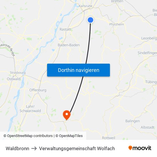 Waldbronn to Verwaltungsgemeinschaft Wolfach map