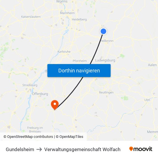Gundelsheim to Verwaltungsgemeinschaft Wolfach map