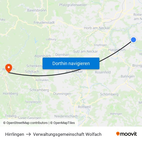 Hirrlingen to Verwaltungsgemeinschaft Wolfach map