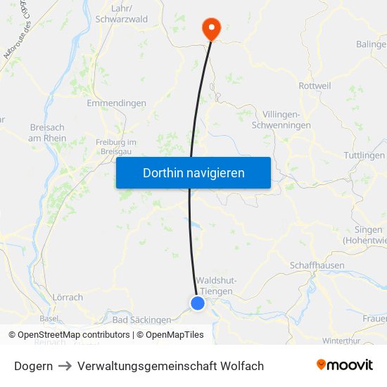 Dogern to Verwaltungsgemeinschaft Wolfach map