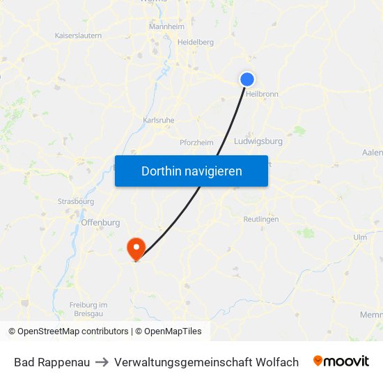 Bad Rappenau to Verwaltungsgemeinschaft Wolfach map