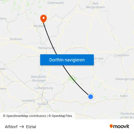Alfdorf to Elztal map