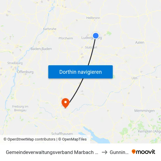 Gemeindeverwaltungsverband Marbach am Neckar to Gunningen map