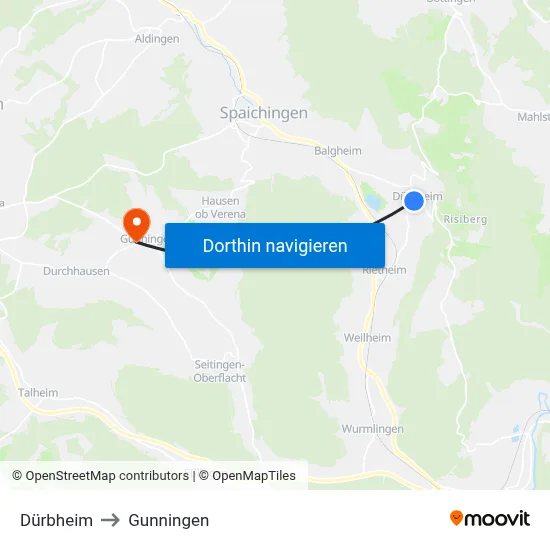 Dürbheim to Gunningen map