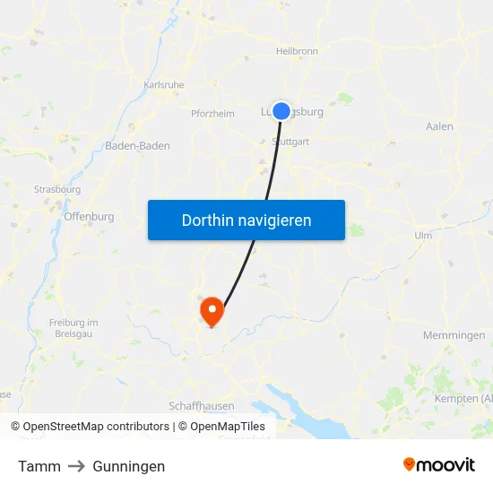 Tamm to Gunningen map