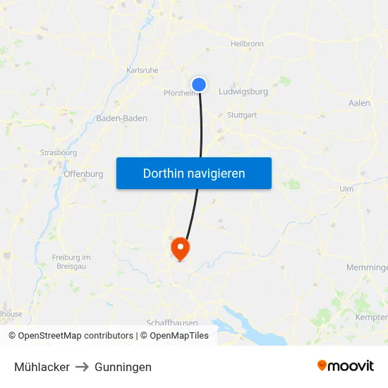 Mühlacker to Gunningen map