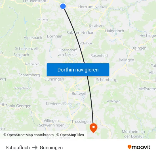 Schopfloch to Gunningen map