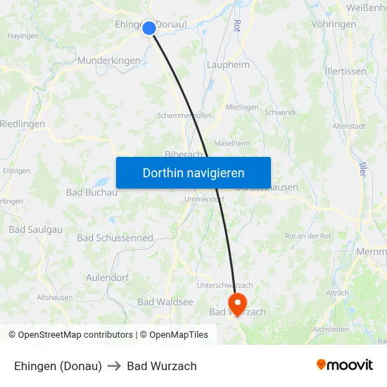Ehingen (Donau) to Bad Wurzach map