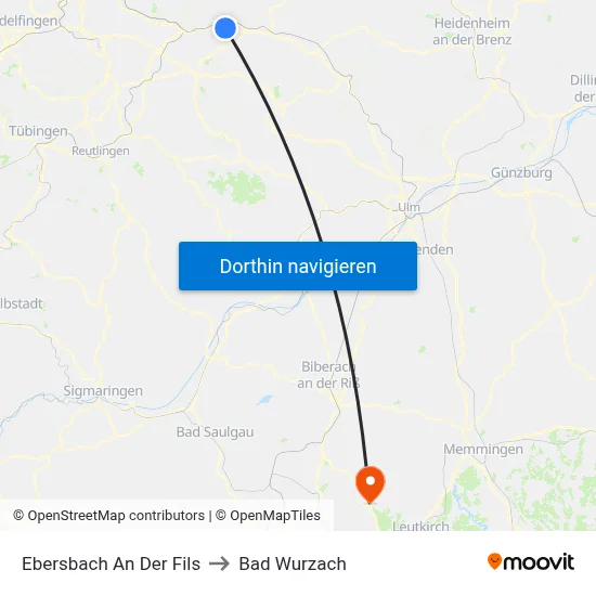 Ebersbach An Der Fils to Bad Wurzach map