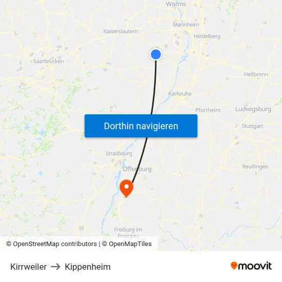 Kirrweiler to Kippenheim map