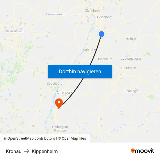 Kronau to Kippenheim map