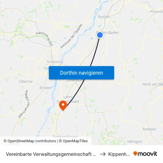 Vereinbarte Verwaltungsgemeinschaft Sinzheim to Kippenheim map