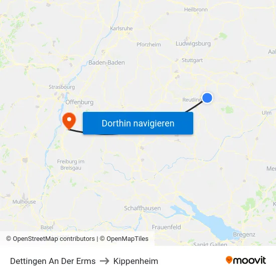 Dettingen An Der Erms to Kippenheim map