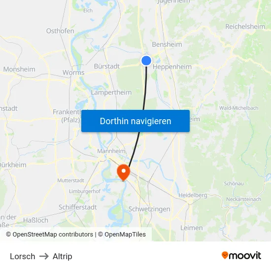 Lorsch to Altrip map