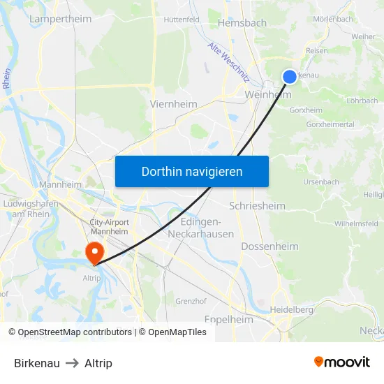 Birkenau to Altrip map