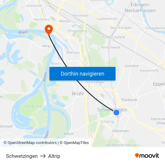 Schwetzingen to Altrip map